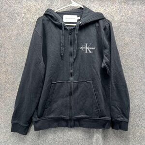 Calvin Klein Sweater Men Medium Black Hooded Jacket Casual Fleece Full Zip